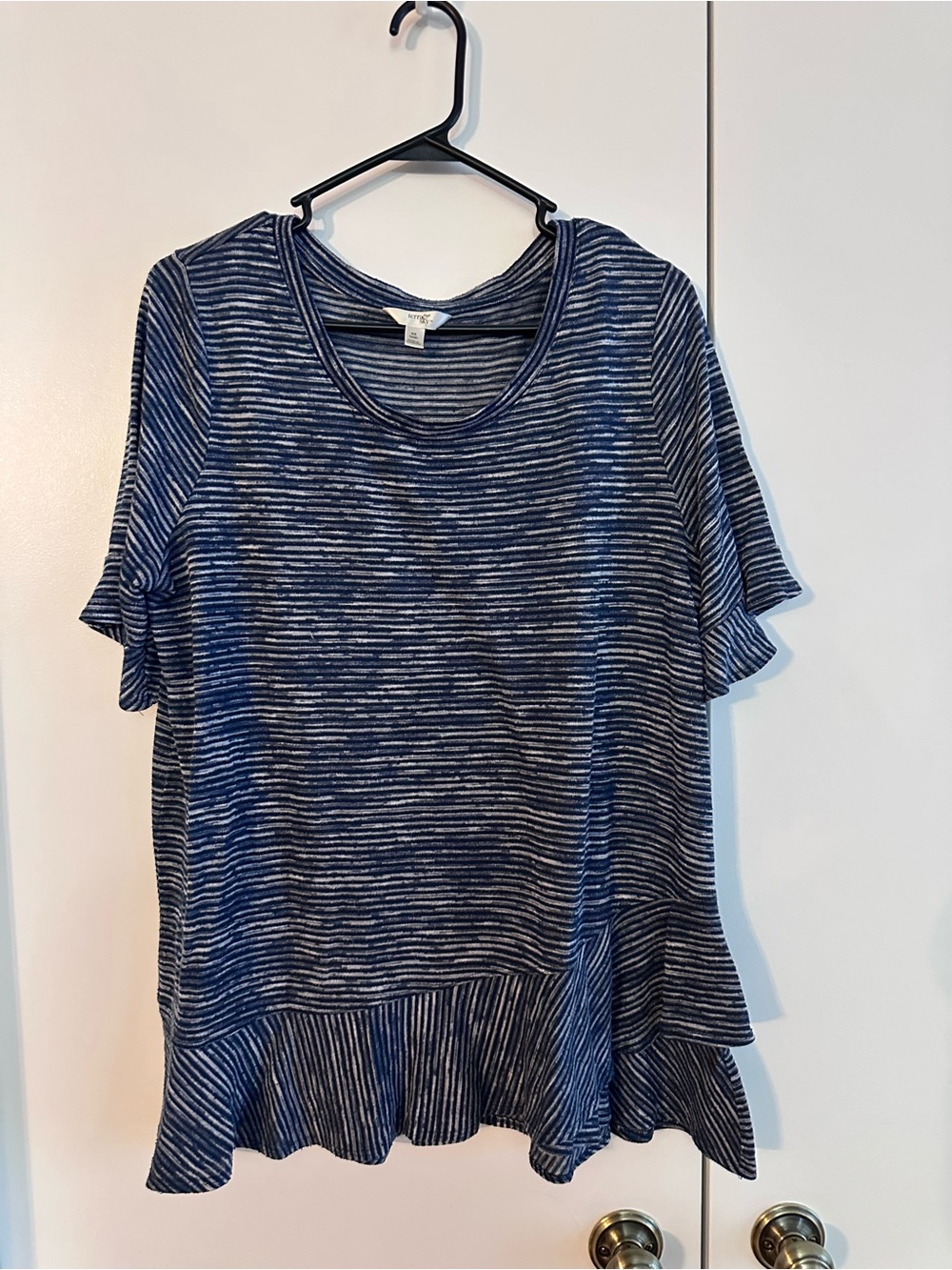 Terra & Sky Navy and White Striped Short Sleeve Ruffle-Hem Top